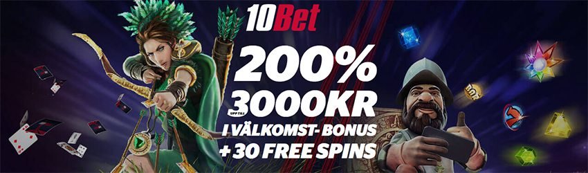 10Bet välkomstbonus upp till 3 000 kr och 30 free spins