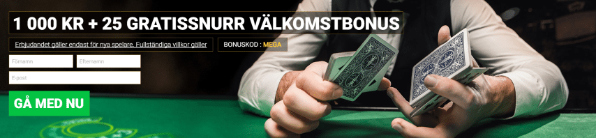 Mega Casino 100% upp till 25 free spins och 1 000 kronor