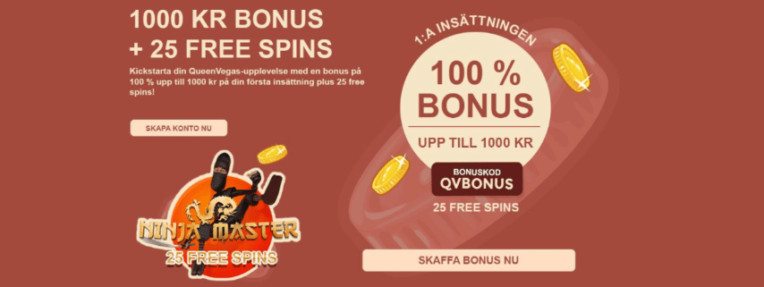 Queen Vegas Casino 100% upp till 1 000 kr ki casino bonus