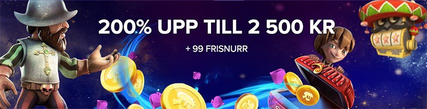 Registrera hos Wild Jackpots Casino och få 200% bonus upp till 2 500 kronor samt 99 frisnurr