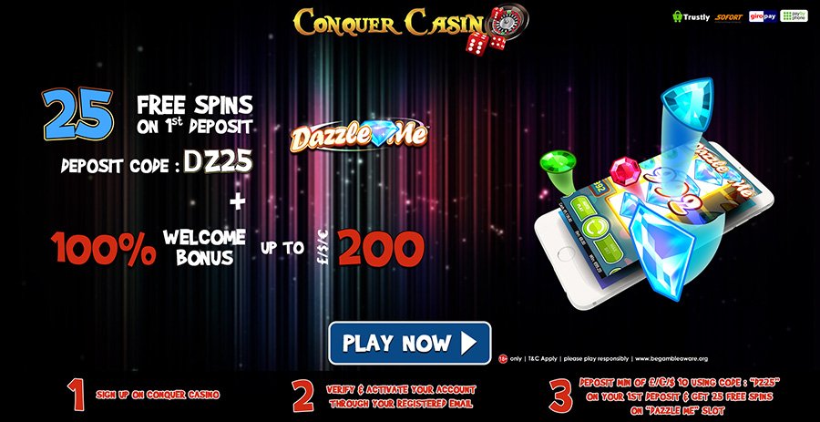 Conquer Casino välkomstpaket - hämta 25 free spins och 100% extra bonus vid din första insättning