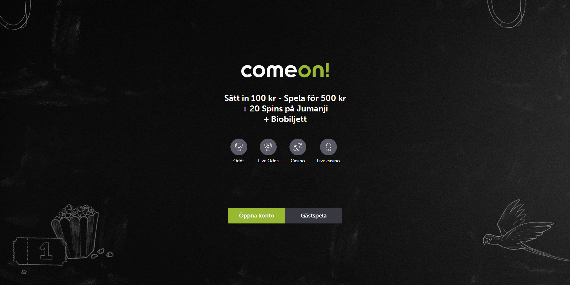 ComeOn - sätt in 100 kr spela för 500 kr + 20 Spins på Jumanji +Biobiljett
